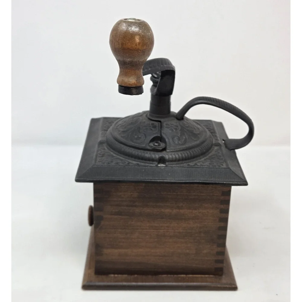 VINTAGE COFFEE GRINDER DOVETAIL WOOD WITH DRAWER & ORNATE CAST IRON TOP